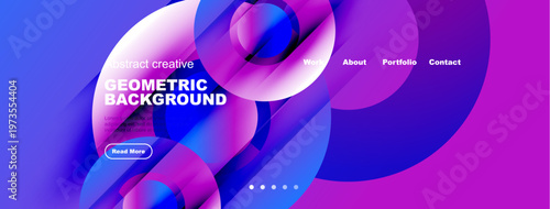 Vibrant abstract geometric background. Blue, purple hues dominate design. Text elements present, button visible. Modern aesthetic.