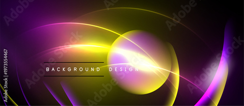 Abstract neon lines create dynamic curves, vibrant colors. Dark background emphasizes glowing shapes, modern design element.