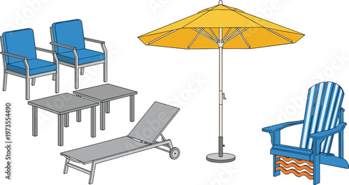 Outdoor Furniture Set with Chairs, Lounge Chairs, and Umbrella for Patio and Garden Designs