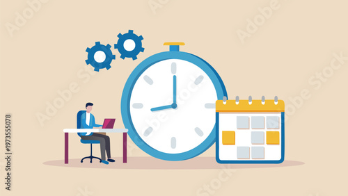 Business productivity icons, time management symbols, calendar clock illustrations, office workflow graphics