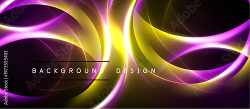 Abstract design features flowing curves, vibrant purple, gold hues. Dark background emphasizes luminous shapes, creating dynamic visual effect.