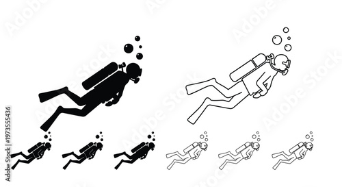 Stylized depictions of scuba divers in various poses and levels of detail