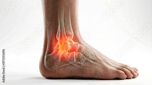 Human Ankle Joint Anatomy with Painful Inflammation Highlighted, Representing Injury, Sprain, or Arthritis Condition