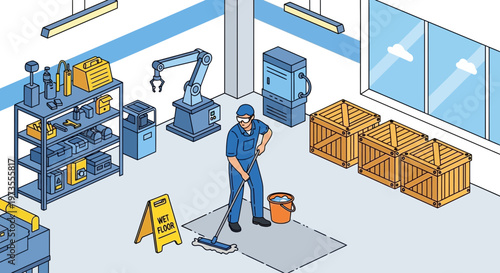 Factory worker cleaning floor with mop and bucket.