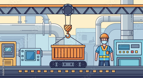 Factory worker operating crane and machinery in industrial setting.