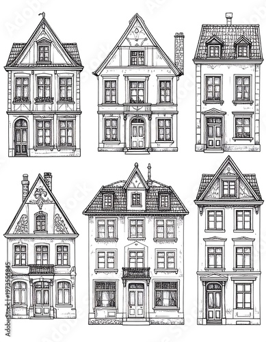 Six detailed illustrations of diverse European-style houses. Each features unique architectural elements, including dormers, balconies, and varying rooflines