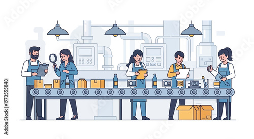 Factory workers inspecting products on a conveyor belt 2.