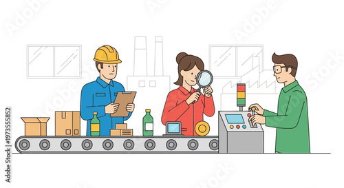 Factory workers inspecting products on a conveyor belt.