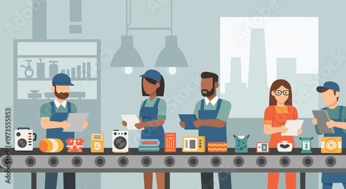 Factory workers inspecting products on a conveyor belt 1.