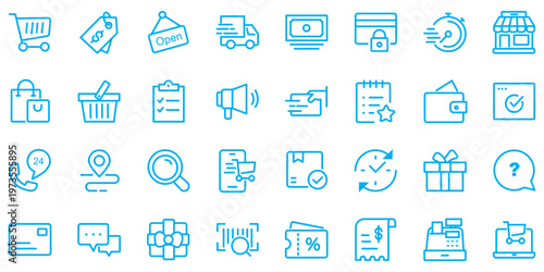 Shopping web icons in line style. Ecommerce, discount offers, delivery, online store, coupon code, bank card payment, gift box, retail set. Editable stroke. Vector illustration
