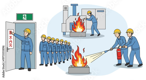 Fire safety training and emergency preparedness illustration.