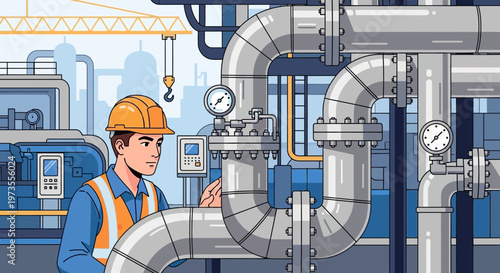 Industrial worker inspecting complex pipe system with gauges.