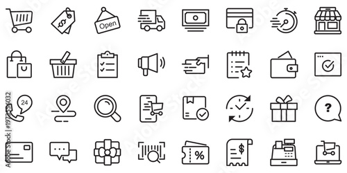 Shopping web icons in line style. Ecommerce, discount offers, delivery, online store, coupon code, bank card payment, gift box, retail set. Editable stroke. Vector illustration