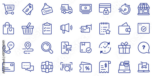 E-commerce icon set. Online shopping, courier, wallet, barcode, price tag, sale, location, rating, hangers, package, gift box, refund, tracking, consumer, etc. Vector illustration. Editable stroke.