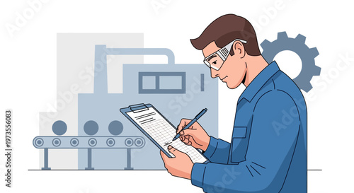 Man in Safety Glasses Inspecting a Document in a Factory Setting.