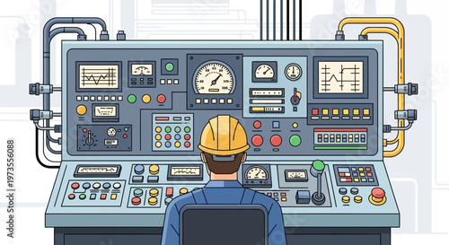 Man in hard hat operating complex control panel.