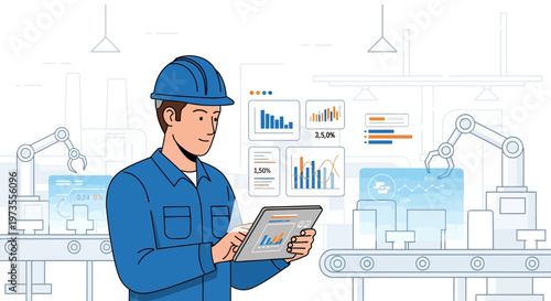 Man in hard hat using tablet in factory setting.