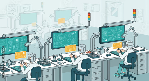 Modern Electronics Assembly Line with Technicians Working.