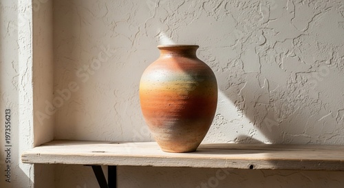 Rustic Pottery Vase on Wooden Shelf Against Textured Wall in Natural Light