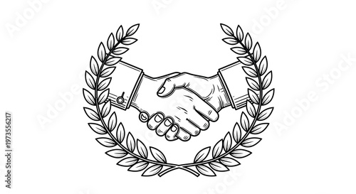 A sketched image depicting a handshake framed by laurel branches