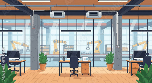 Modern Office Interior with Desks and Computers.