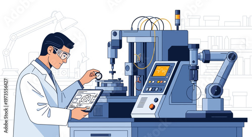 Scientist Inspecting Advanced Manufacturing Equipment with Tablet.