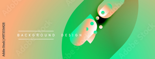 Abstract gradient background. Overlapping shapes create dynamic visual effect. Peach, green hues dominate composition. Modern design element.