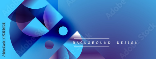 Abstract blue design features overlapping shapes, gradients. Modern aesthetic, vibrant colors, clean composition. Background suggests technology, innovation.