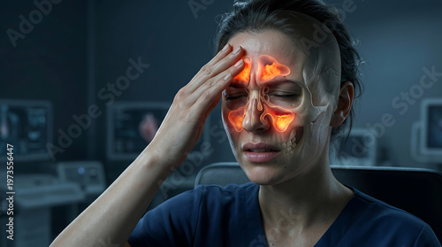 Anatomical illustration showing frontal sinuses highlighted in orange in a female patient experiencing a severe headache