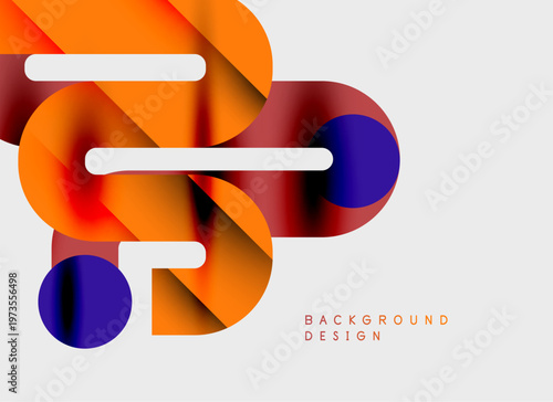 Abstract fluid shapes, vibrant orange, purple hues. Modern design element over light gray backdrop. Minimalist composition.