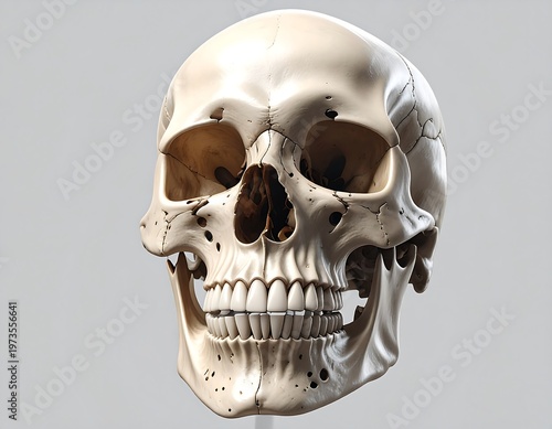 A detailed, side-view depiction of a human skull, revealing its complex bone structure. The empty eye sockets and nasal cavity are prominent