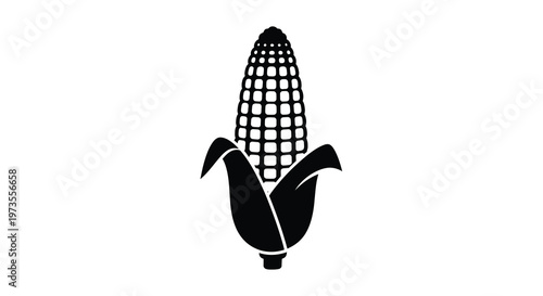 A simple black and white illustration of a single ear of corn