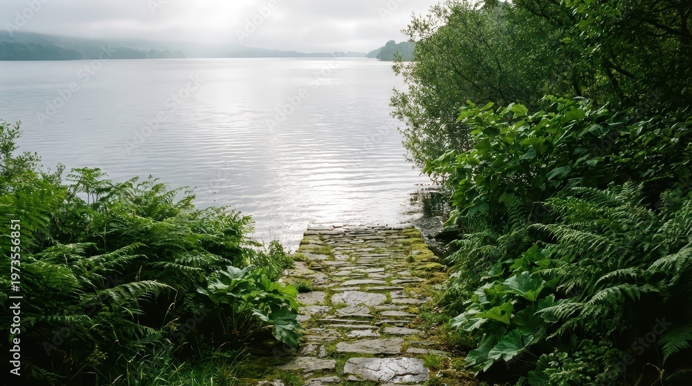 Obraz premium Stone pathway leading to lake shoreline through vegetation