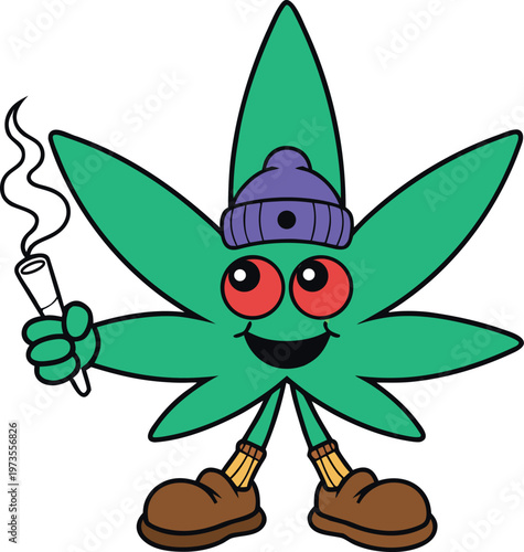 Cute Cartoon Marijuana Leaf Smoking Joint Character Funny Cannabis Mascot