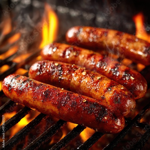 Plump sausages sizzling and browning over glowing hot coals