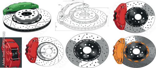 Automotive brake system vector set with disc rotors and calipers, technical drawing and realistic car parts, mechanical engineering components isolated on white background