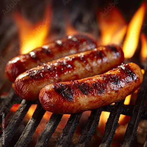 Three plump sausages sizzling on a hot grill with flames licking upward
