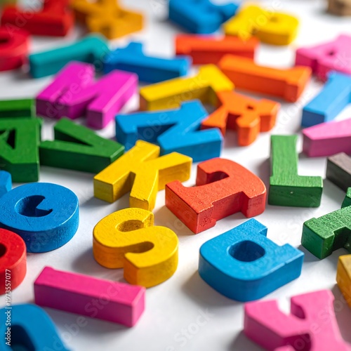 Close-up of a vibrant collection of wooden alphabet letters scattered randomly on a bright white surface. The letters exhibit various colors