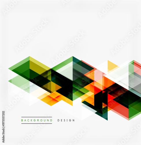 Abstract geometric shapes overlap, creating vibrant layered design. Colors include green, orange, black, yellow. Minimalist style.