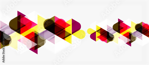 Abstract geometric shapes overlap, creating dynamic visual pattern. Red, yellow, purple tones dominate white background. Modern design element.