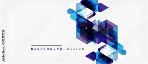 Abstract geometric shapes create modern design. Blue, purple hues dominate white background. Minimalist style, clean lines present visual interest.