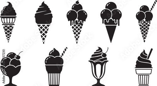 Ice Cream Cone and Sundae Icon Set Vector Silhouettes