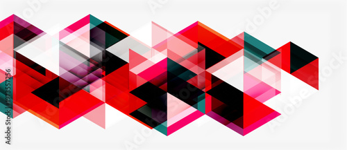Abstract geometric pattern. Red, black, pink triangles overlap white background. Modern design element, dynamic composition.