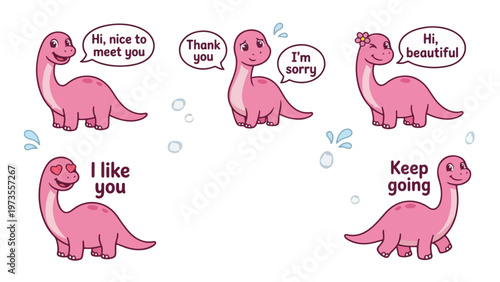 Cute Pink Brachiosaurus Sticker Set with Motivational Phrases