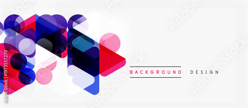 Abstract geometric shapes overlap, creating vibrant color gradients. White space dominates design, offering clean aesthetic.