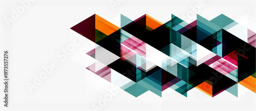 Abstract geometric shapes overlap, creating dynamic visual texture. Colors include orange, teal, black, maroon, white. Minimalist design.