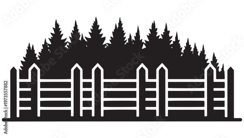 Black and white silhouette vector illustration of a classic wooden picket fence standing in front of a dense, dark pine forest landscape.