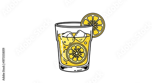 Vector illustration of a cold lemonade glass with ice cubes and fresh lemon slices, perfect for summer themes.