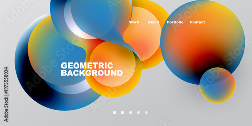 Abstract colorful circles overlap. Text labels present work, about, portfolio, contact. Geometric background design appears modern, vibrant.