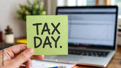 Tax day reminder displayed on a digital screen with a city background